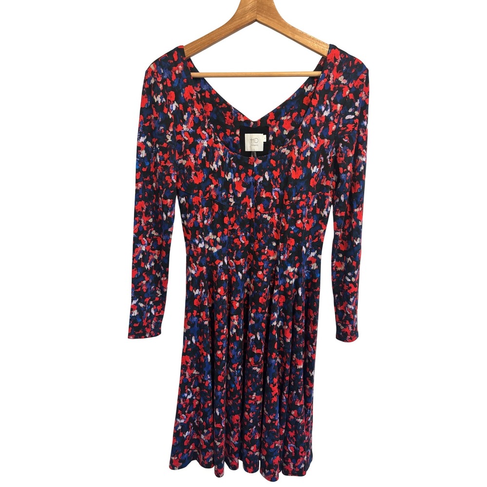 HD in Paris Anthropologie Red Blue Floral Fit Flare Long Sleeve Dress XS